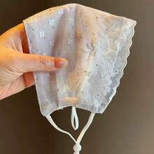 Summer Women's Thin, Breathable Lace Mesh Rhinestone Fashion Korean Style Sunshade Goddess Face Mask, Washable. - Pink- - View 5