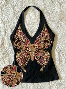 Women's Y2K Retro Sequin Butterfly Beaded Embroidered Knit Halter Neck Camisole Black Casual Summer - Black - View 4