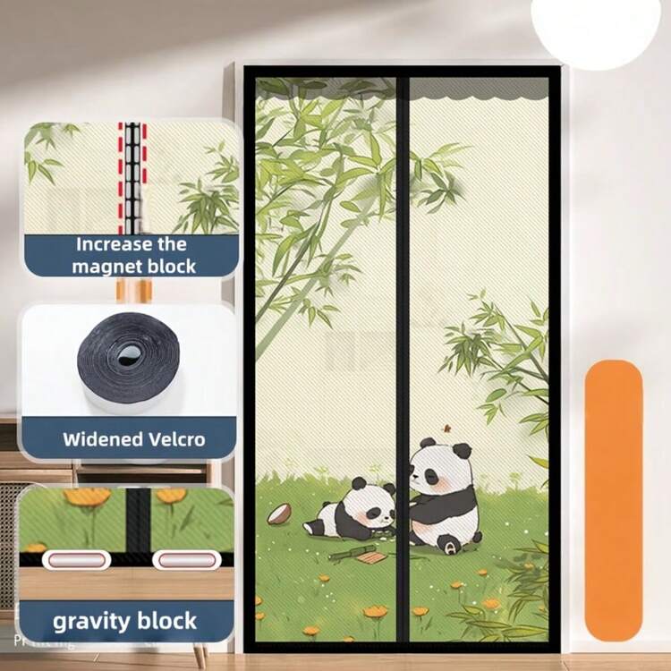 全尺寸磁性纱门 - 防虫透气 - 9分钟快速安装，自动密封，加厚双缝线网布，36个磁铁，免提滑动式露台门纱网，宠物友好，38 x 82英寸，优质材料，透气性好。 - 可愛貓熊 - 查看 18