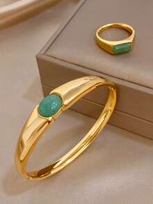 Ensemble de bague et bracelet vintage charmant avec pierre précieuse verte pour femmes, en acier inoxydable doré, convient pour les fêtes, les vacances, les jours fériés, la fête des mères, la Saint-Valentin et autres occasions, un cadeau de bijou exquis - Multicolore - Voir 2