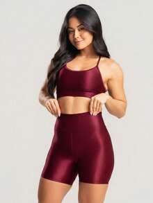 Premium Shine Women's Ribbed Fitness Set, Top And Shorts. - Maroon - View 1