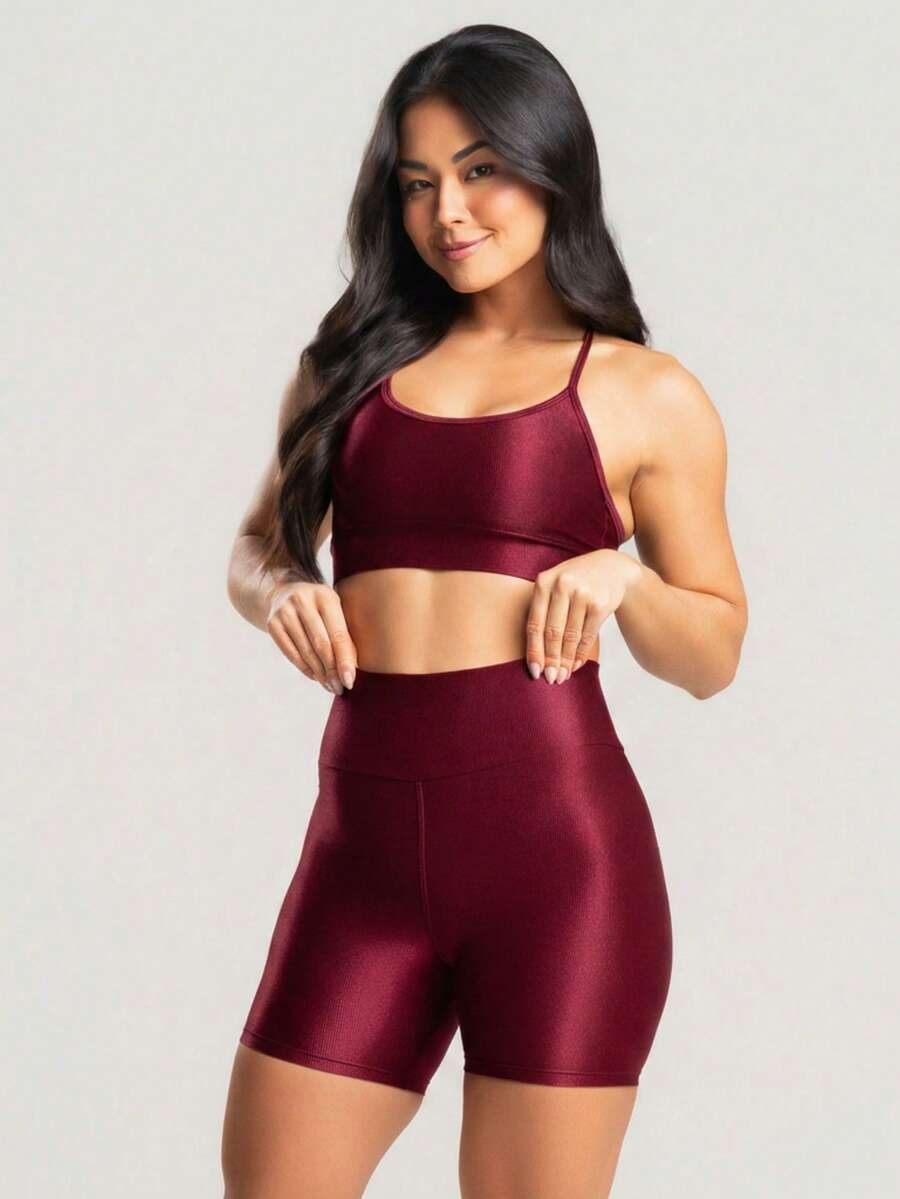 Premium Shine Women's Ribbed Fitness Set, Top And Shorts. - Maroon - View 1