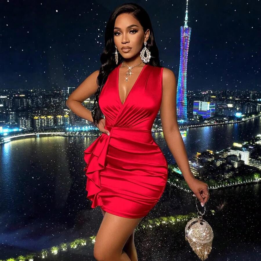 Sexy Red Deep V Satin Dress, Sleeveless, Waist-Cinching, Ruffled, Bodycon Short Dress, Elegant Evening Dress For Dinner Parties And Annual Meetings - Red - View 1