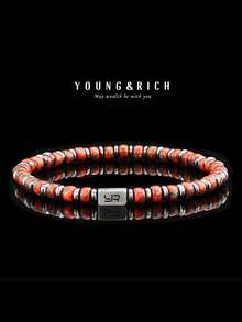 YOUNG&RICH 男士火焰红串珠手链 – 能量石风格弹力手链，配不锈钢饰件 - 紅色 - 查看 2