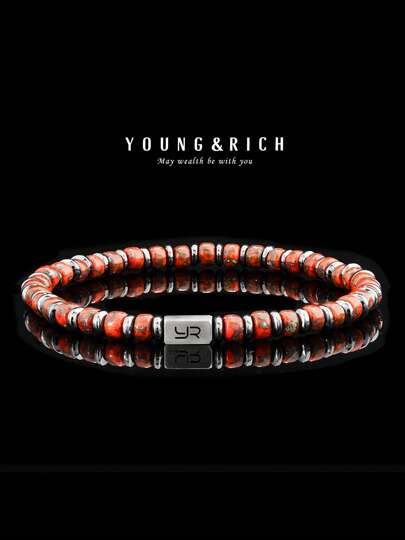  YOUNG&RICH Flame Red Beaded Bracelet For Men – Energy Stone Style Stretch Bracelet With Stainless Steel Accent