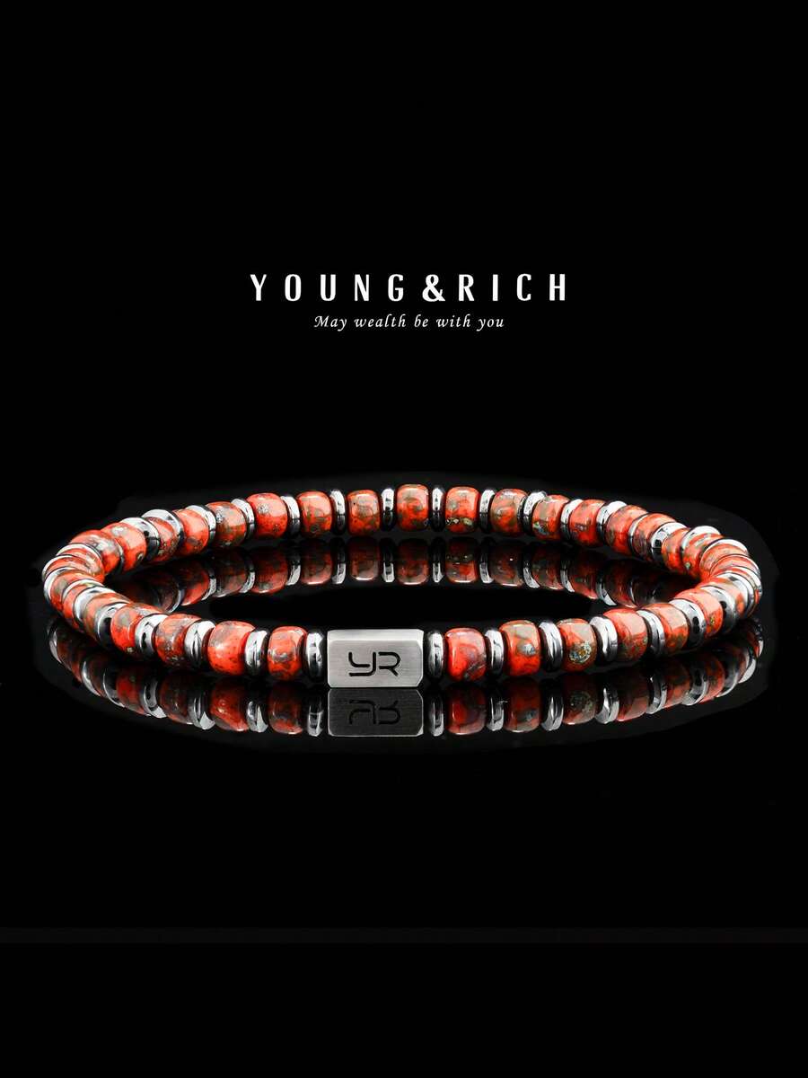 YOUNG&RICH 男士火焰红串珠手链 – 能量石风格弹力手链，配不锈钢饰件