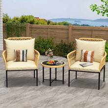 Set de Sofá de Jardín 3 Piezas - Ratán PE Resistente a la Intemperie - Sofá y Sillas con Cojines Gruesos y Mesa de Centro con Vidrio - Diseño Compacto para Balcón, Terraza o Patio - Beis - Ver 4