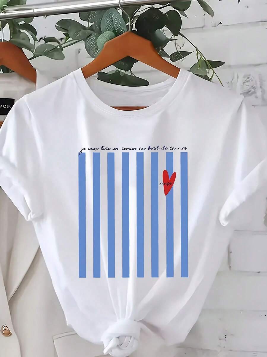 Plus Size, Light Blue Striped Graphic Print T-Shirt With Lettering Design, Summer And Spring T-Shirt, Fashionable Plus-Size Women's Clothing  Ropa Mujer - White - View 1