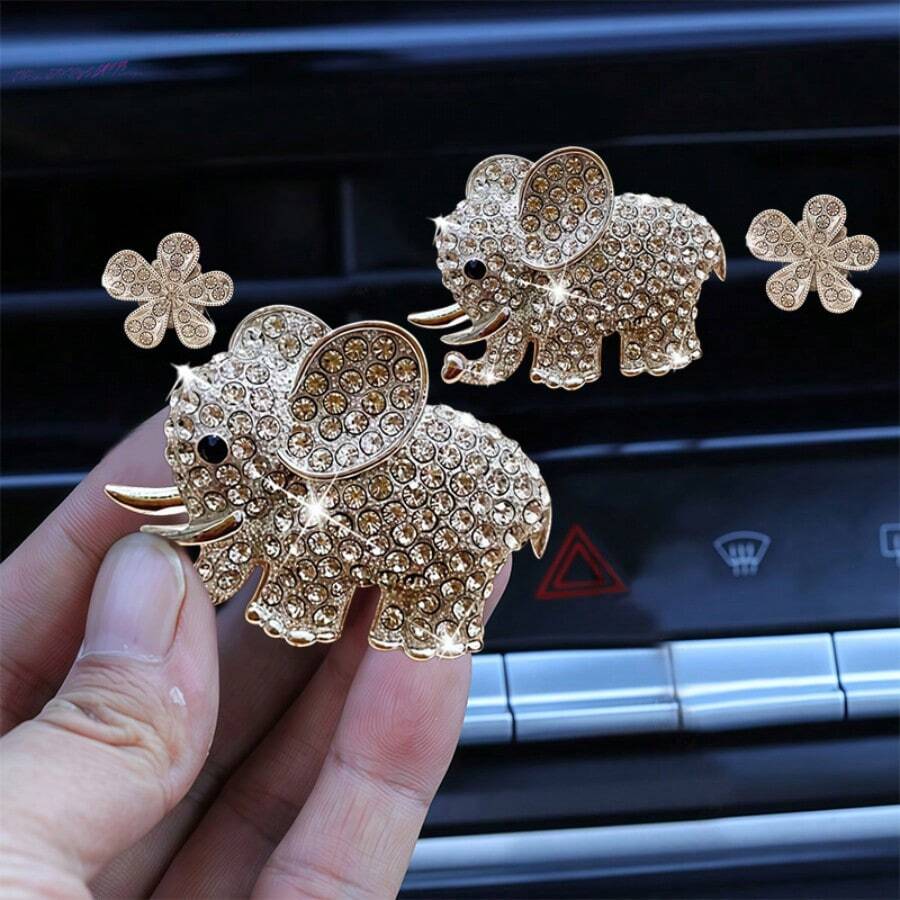 Creative Rhinestone Car Fragrance Clip Set, Elephant & Pentagonal Flower Fashion Combination, Highly Shiny Luxury Durable Design, Air Vent Clip Installation, Fragrant Deodorizing, Practical Car Interior Decoration Accessory - Elephant Flower Scented Clip - View 1