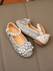 1 Pair 2026 New Fashion Versatile Pink Girl's Pearl & Rhinestone Cute Flat Shoes, Round Toe, Suitable For Daily Wear, Dancing, Outdoor In Spring & Autumn, Glitter Decor Closed Toe Princess Shoes, Run Small By Half Size - Silver - View 4