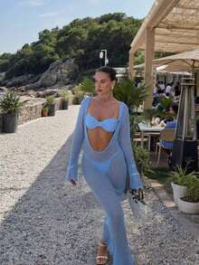 Nuevo vestido de primavera/verano para mujer: Vestido de punto largo con escote en V profundo, cintura ajustada y diseño calado, apropiado para la playa, el mar y las vacaciones de natación - Hailan - Ver 6