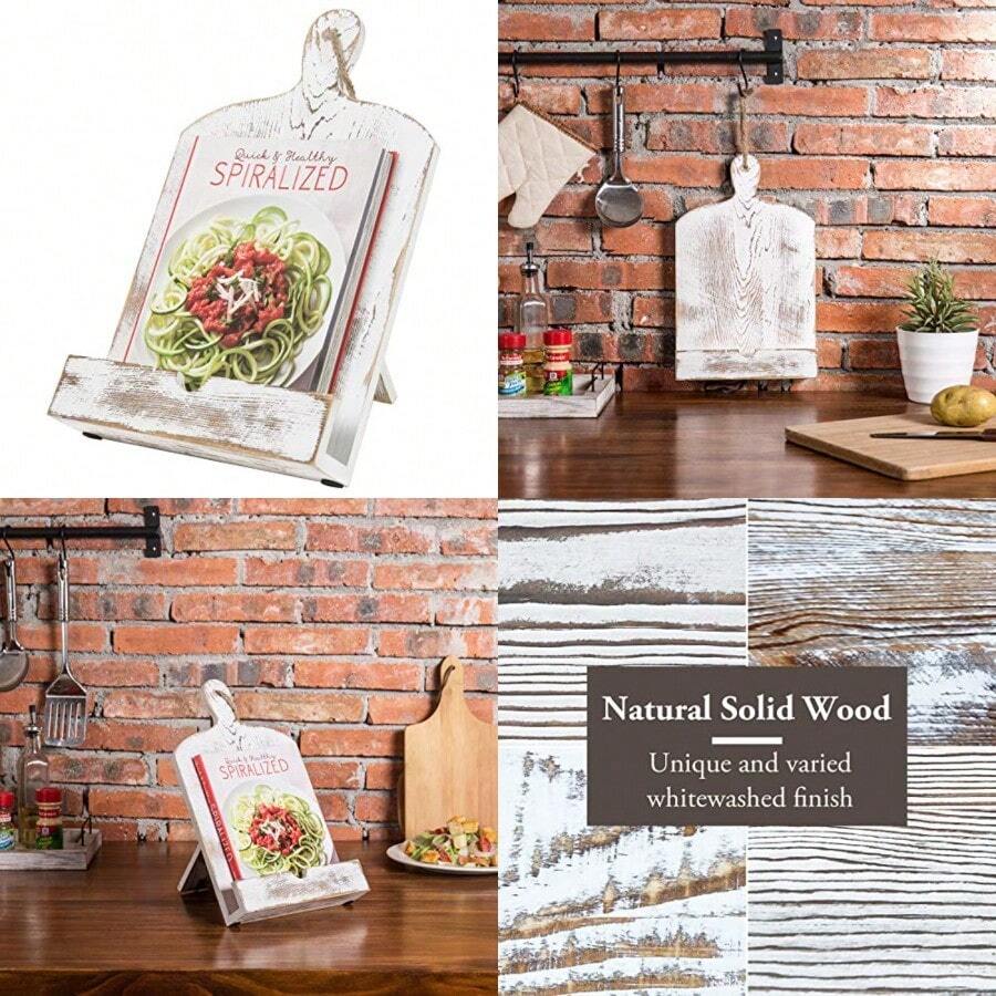 MyGift- Atril para exhibición libros de cocina con diseño de tabla para cortar hecho en madera blanqueada Soporte para libros de cocina hecho en madera blanqueada - blanco blanqueado - Ver 1