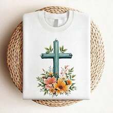 This 220G Shirt For Women Features Floral Patterns, Is Available In Six Colors, And Is Suitable For Every Season, Making It Perfect For Easter, Mother's Day, And Religious Events. - White - View 2