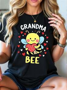 Womens Casual Short Sleeve Crew Neck T-Shirt | Cute Grandma Bee Cartoon Graphic With Pink Hearts, Black Relaxed Fit, Breathable Mid-Stretch Fabric, Machine Washable, Nontransparent, Fun Print, Soft Texture, Chic Style For Spring & Summer - 黑色 - 查看 1