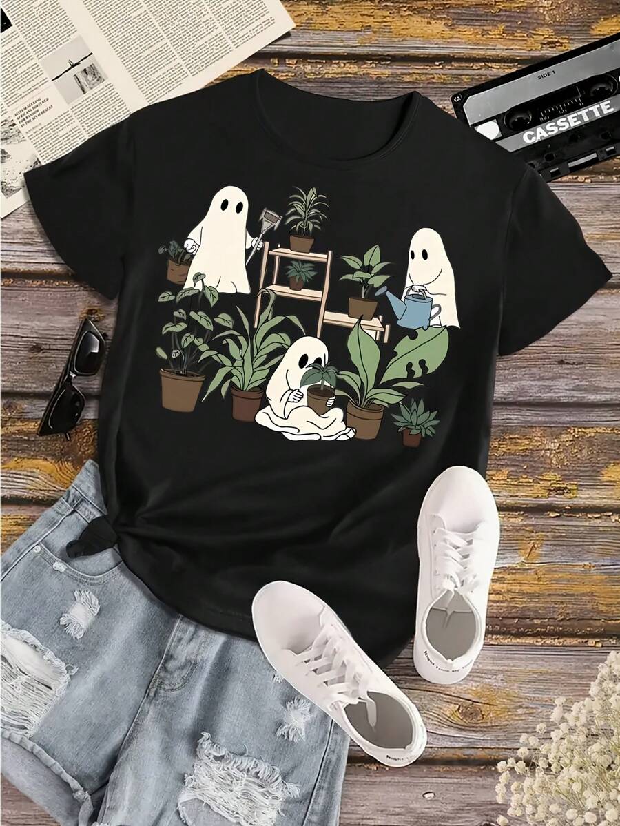 Women'S White Casual Short Sleeve T-Shirt With Playful Gardening Geometric Print - Soft Round Neck, All-Season Comfort, Machine Washable, Cute & Plant Design, Comfortable Fit For Spring Summer Casual Attire, Gardening & Outdoor Apparel - 黑色 - 查看 1