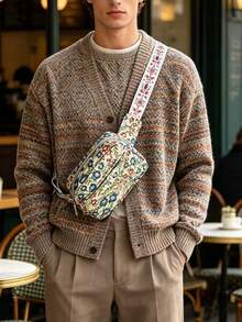 Fashionable Chest Bag For Men, Spring/Summer New Waist Bag, Versatile Small Square Bag, Unique Floral Design Shoulder Bag, Minimalist Chest Bag For Men, City Bag - Blue - View 9