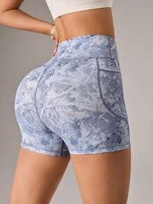 Pantalones cortos deportivos de cintura alta con bolsillos, ajustados, con estampado de leopardo de colores, pantalones cortos de yoga con bolsillo, pantalones cortos de mujer con bolsillos, ropa deportiva activa para mujer - Blanco y Negro - Ver 7