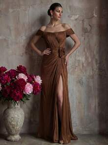 Women's Spring/Summer Elegant Vintage Caramel Off-Shoulder 3D Floral Pleated Train Evening Gown - Flowy Chiffon Waist-Defining Style Party Wedding - Brown - View 7