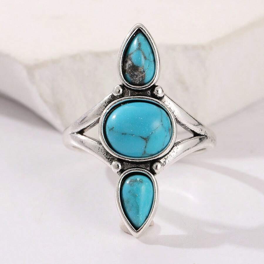 Nhẫn phong cách Bohemian tối giản, nhẫn nữ hình bầu dục khảm đá ngọc lam giả, phụ kiện lý tưởng cho kỳ nghỉ, tiệc tùng, món quà hoàn hảo. - Bạc - Xem 1