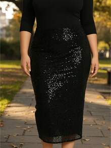 Women's Sequined Midi Skirt Elegant High Waist Slit Hem Sparkly Plus Size Long Skirt For Party Work Daily Wear - màu đen - Xem 1