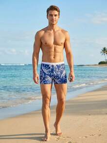 Men's New Blue Tropical Plant Asymmetrical Print Patchwork White Lined Drawstring Waist Swimming Trunks - Blue and White - View 6