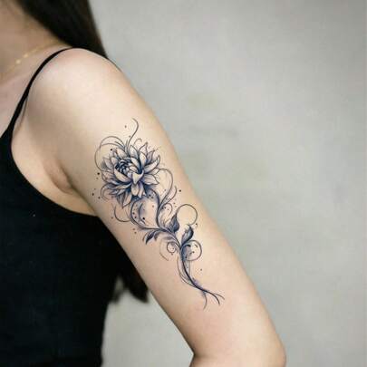 1 Herbal Tattoo Sticker Set, Beautiful Dot-Line Sketch Lotus Vine Collection, Temporary Tattoo Stickers, Washable, PVC, Disposable, Waterproof And Sweatproof For Arms, Waist, Abdomen, Back, Legs, Non-Reflective, Realistic Tattoo, Suitable For People, Daily Use, Lasts 7-14 Days