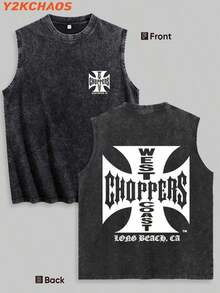 Y2KCHAOS 210g Washed Pure Cotton Vest Men's Vest Streetwear Style American Casual Wear West Coast Choppers Graphic Print Motorcycle Culture Inspired Design For Men And Young Adults-Vintage Street Style Unisex Loose Cotton Short Sleeve Crew Neck T-Shirt - 黑色 - 查看 1