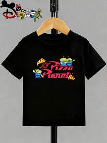 Disney Licensed Toy Story "Pizza Planet" Double-Sided Print Kids' T-Shirt, Cute Cartoon Casual Tee, Perfect For Daily Wear, School Activities, Family Outings And Theme Park Trips, Shipped From Local Warehouse - màu đen - Xem 2