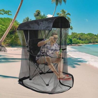 63-Inch Tall Mosquito Net Cover Awning Chair, Barrier, Mosquito Mesh Tent, Black Chair Mosquito Net With Zipper Opening, 35x 32-Inch Waterproof Roof, Fishing, Outdoor Camping Chairs