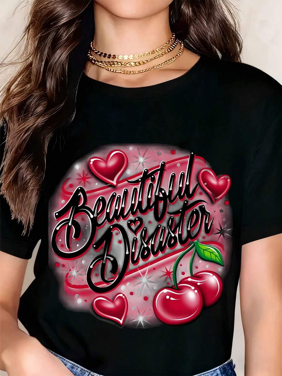Beautiful Disaster Cherry Heart Graphic T-Shirt For Women Cute Fashion Statement Top With Sparkle Design And Red Cherries Print Casual Wear - màu đen - Xem 1