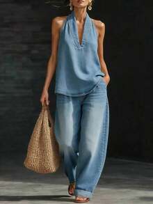 Spring And Summer 2026 New Women's Clothing European And American Style Suit Lapel Retro Buckle Denim Top With Wide-Leg Jeans - 淺色牛仔布 - 查看 8