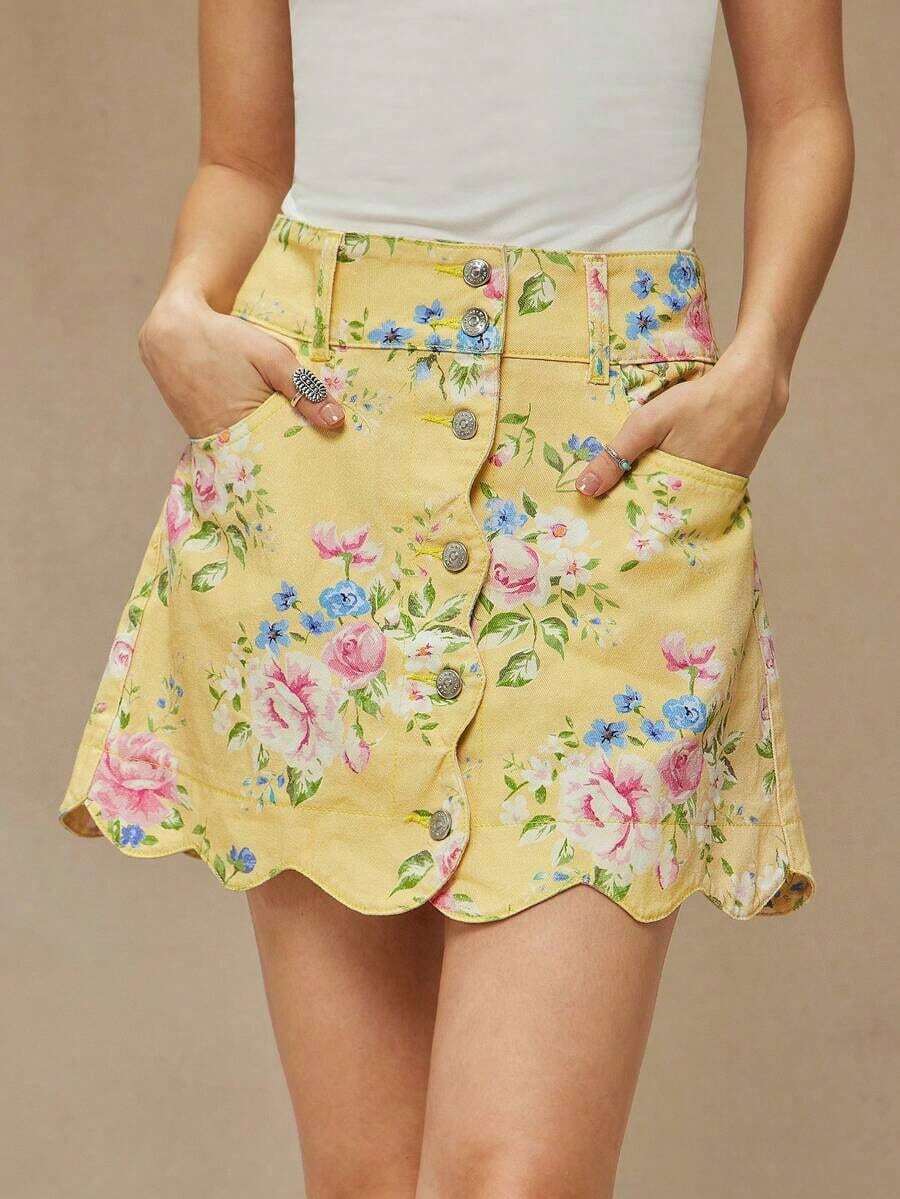 Falda vaquera mini de línea A con estampado de flores, de algodón 100%, con botones delanteros y cintura alta con escote ondulado.Casual, linda, para otoño, invierno, estilo bohemio, vestimenta occidental para mujer, atuendo para conciertos coun - Amarillo claro - Ver 1