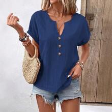 Nuevo 2025 camisas de mujer con cuello en V y botones, blusas holgadas de manga corta, camiseta informal de verano de Color sólido, camisetas de uso diario para mujer - HY6516 Gris - Ver 3