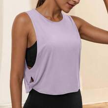 Ropa de Yoga con cuello redondo para mujer, chaleco atlético sin mangas, Top informal, Top corto ligero y holgado de Color puro - Morado claro - Ver 1