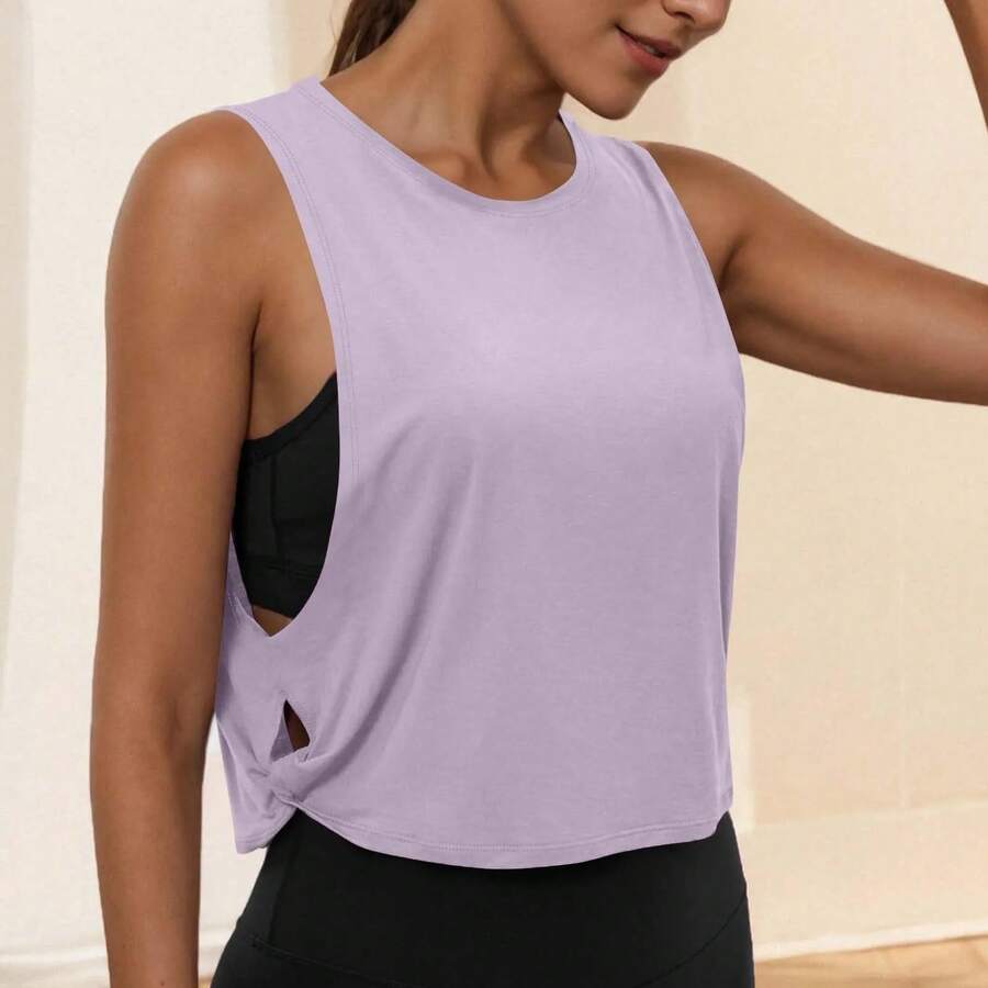 Ropa de Yoga con cuello redondo para mujer, chaleco atlético sin mangas, Top informal, Top corto ligero y holgado de Color puro - Morado claro - Ver 1
