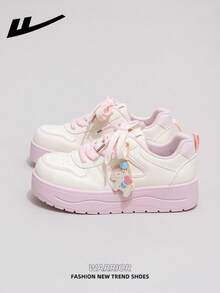WARRIOR Women's 1 Pair Thick Sole Lace-Up Soft Bottom Casual Sneakers, Low-Top Flat Outdoor Shoes, Summer Commuter Shoes, Round Toe Elegant Soft Sole Hiking Shoes, Suitable For Students Graduation Photo, Women's Low-Top Microfiber Sports Skateboard Shoes - Light Beige/Pink - View 1