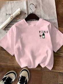 Camiseta de manga corta con cuello redondo y estampado de frutas y vino, camisetas gráficas unisex, camiseta casual unisex, 100% algodón. - Blanco - Ver 11