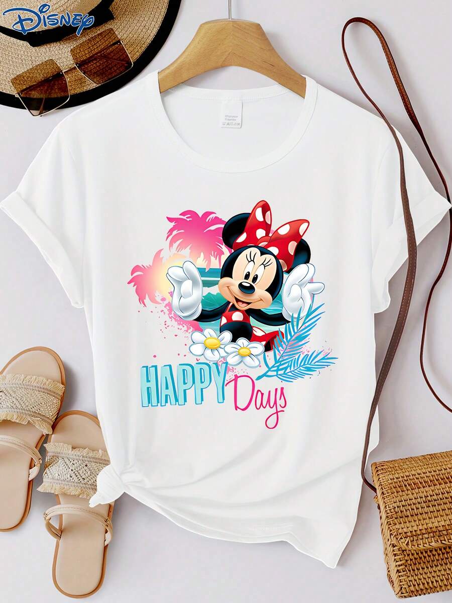 Disney 1件女士迪士尼米妮图案印花短袖T恤,圆领,弹力面料,易护理,适合日常穿着,时尚女士短袖T恤,休闲服饰 - 白色 - 查看 1