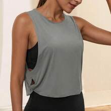Ropa de Yoga con cuello redondo para mujer, chaleco atlético sin mangas, Top informal, Top corto ligero y holgado de Color puro - Azul marino - Ver 3