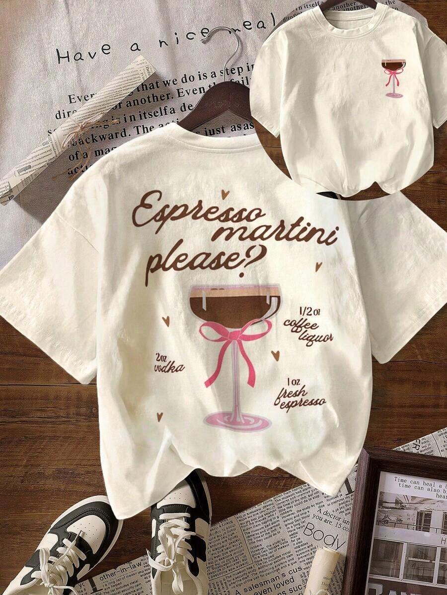 Espresso Martini, Blusas de verano para mujer, Vacaciones, Camisetas, Verano, Camisetas gráficas, Playa, Camiseta casual de cuello redondo y manga corta para mujer,Camiseta Gráfica Vintage Oversized Mujer Algodón - albaricoque claro - Ver 1