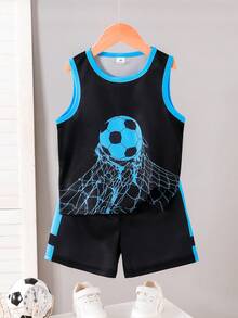 2pcs/Set Young BoyFootball Net Print & Contrast Color Casual Sports Style Outfit, Suitable For Daily Wear, Sports, Football Match, Spring/Summer - Black - View 1
