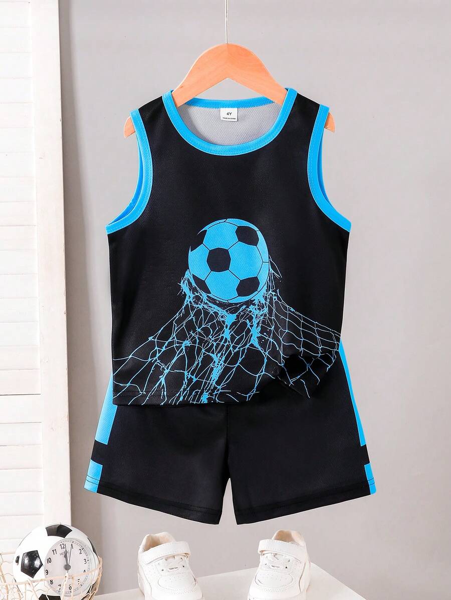 2pcs/Set Young BoyFootball Net Print & Contrast Color Casual Sports Style Outfit, Suitable For Daily Wear, Sports, Football Match, Spring/Summer - Black - View 1