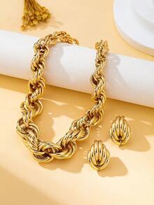 Bohemian Style Exaggerated Thick Chain Necklace And Earrings Jewelry Set, Suitable For Daily, Vacation And Gift - Yellow Gold - View 4