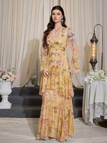 Women's Casual A-Line Maxi Dress, Floral Pattern, V-Neck, Long Sleeve, Layered Ruffle Hem, Fitted Waist, Light Yellow Woven Fabric Elegant Vacation - Light Yellow - View 6