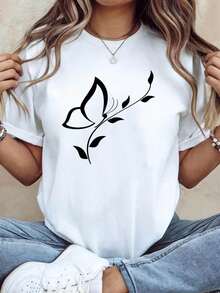 Women's Short Sleeve Blouse T-Shirt - Butterfly And Vine Line Print Comfortable Stretch Top, Machine Washable, Suitable For Office, Gallery Outfits, Daily Travel And Art Events, Spring Summer Casual Blouse For Use - 白色 - 查看 1