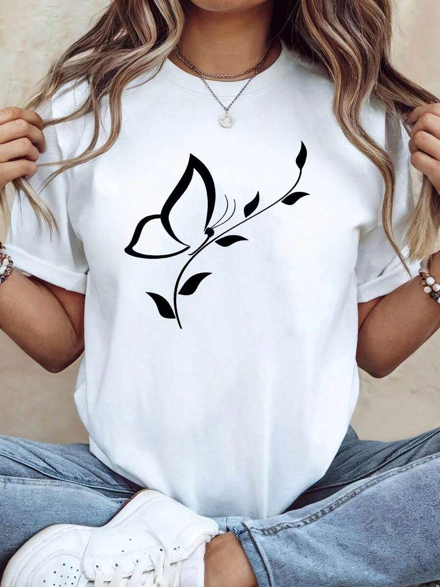 Women's Short Sleeve Blouse T-Shirt - Butterfly And Vine Line Print Comfortable Stretch Top, Machine Washable, Suitable For Office, Gallery Outfits, Daily Travel And Art Events, Spring Summer Casual Blouse For Use - 白色 - 查看 1