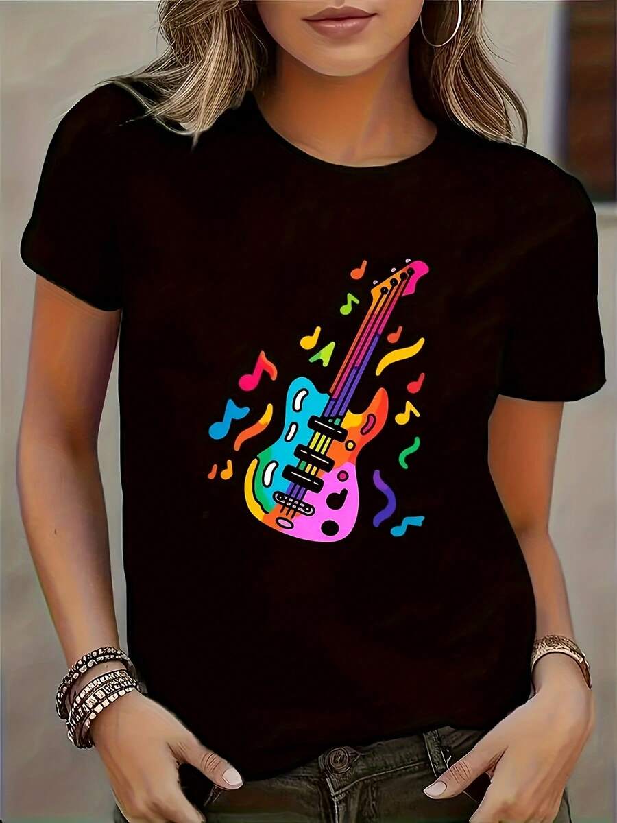 Camiseta de impresión de guitarra americana vibrante de las mujeres - Diseño de guitarra eléctrica colorida con notas musicales, cuello de tripulación casual negro de manga corta, mezcla de poliéster, todo el uso de temporada