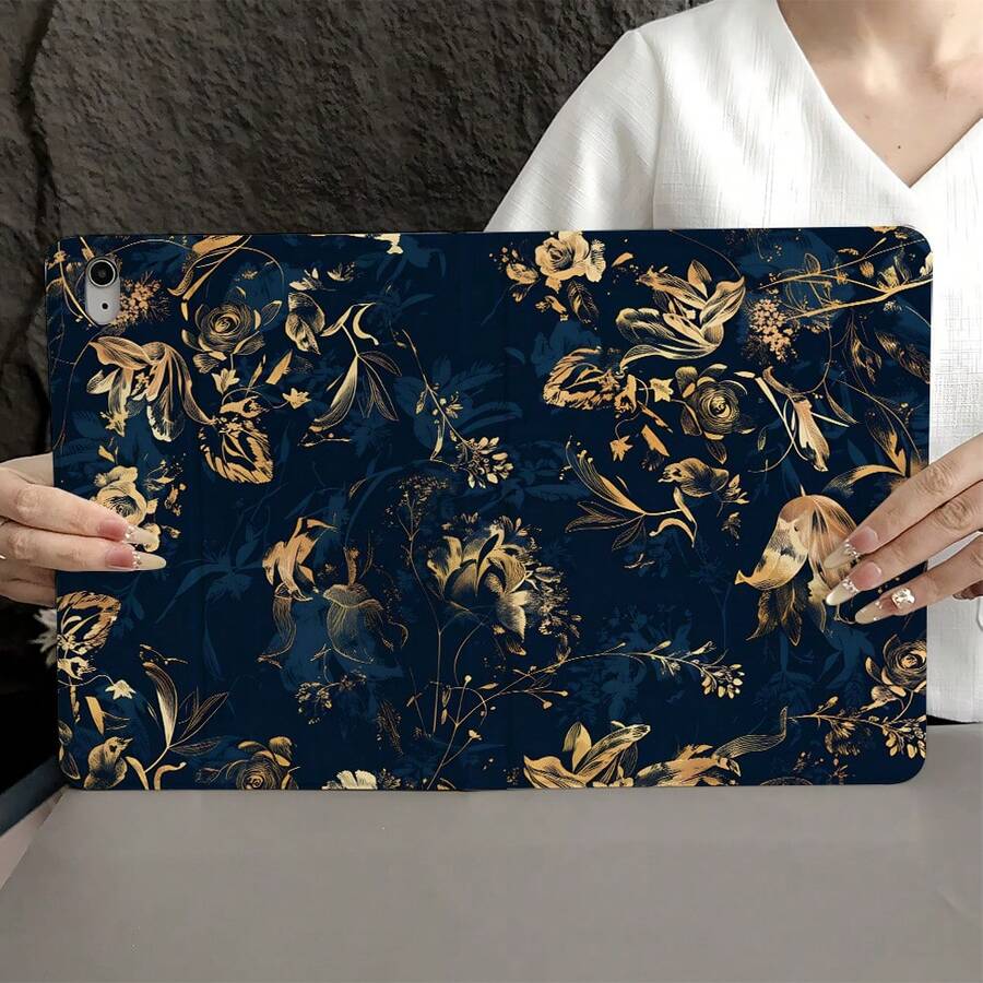 1 件装海军蓝金色花卉印花平板电脑保护套，带笔槽，兼容 iPad Air 4/5/第十代智能保护套/Air 13(M3 2025)/Air 11(M3 2025)/11(A16 2025)，兼容 Oppo Pad、华为 MatePad、vivo Pad、荣耀 Pad 和联想小新 Pad。 - 彩色 - 查看 1
