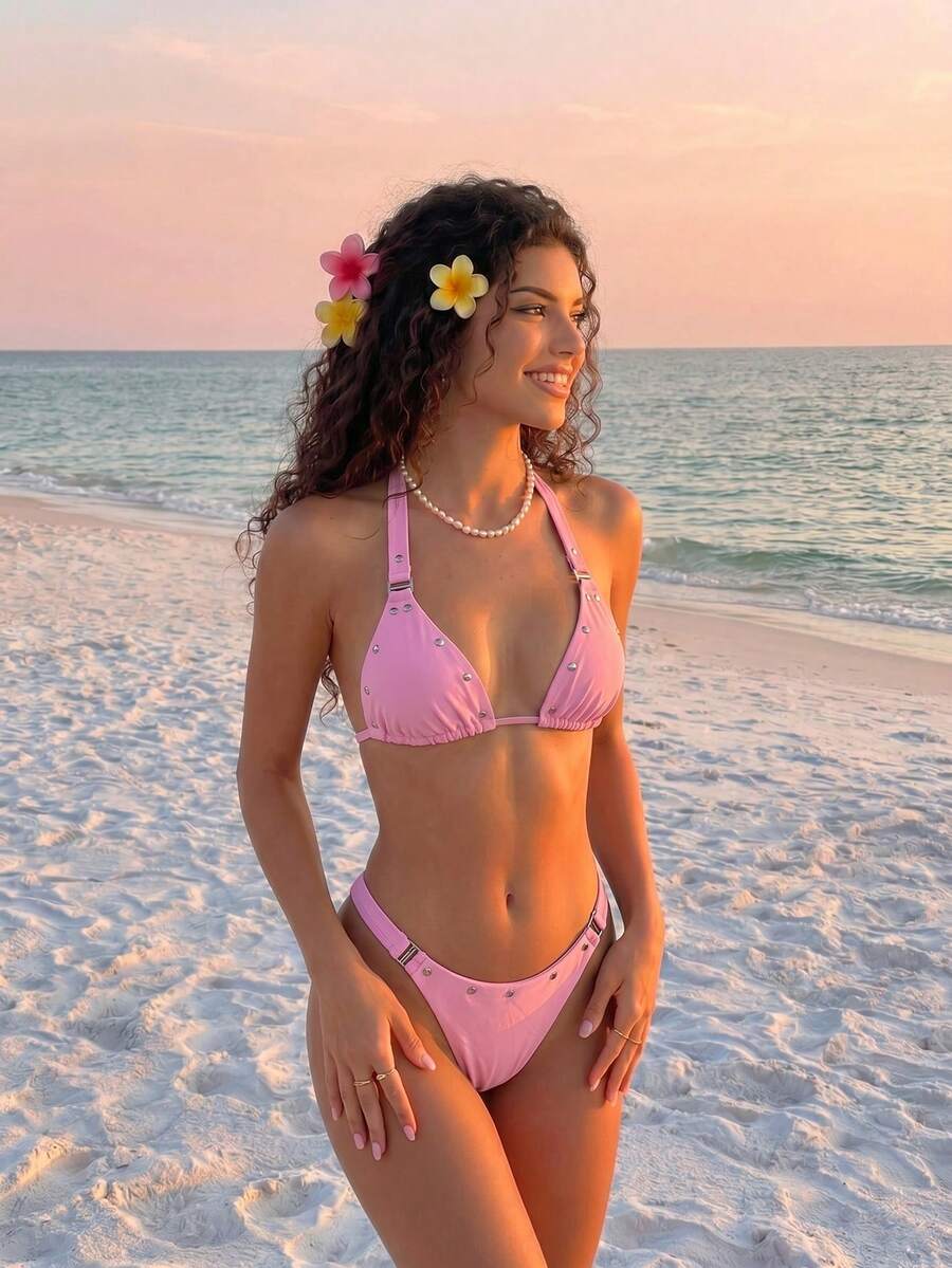 女款性感細肩帶綁帶比基尼套裝,鉚釘裝飾,高彈性兩件式泳衣,適合海灘與游泳池夏季穿著 - 粉色 - 查看 1