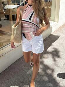 Spring/Summer Bohemian Style Floral Print Camisole Top With Pointed Hem, Suitable For Vacation, Beach, Casual, Date Outfit - Multicolor - View 3